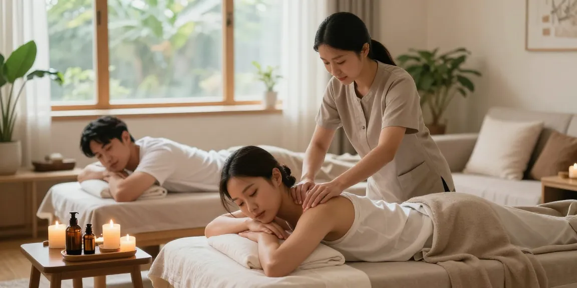 출장안마 서비스에서 편안하게 마사지를 받는 고객과 치료사 모습