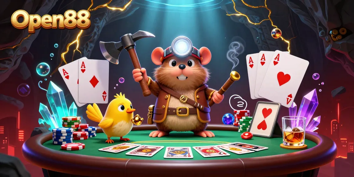 Open88 invites players to enjoy immersive gaming with treasure hunter mole and vibrant casino elements in a dynamic illustration.