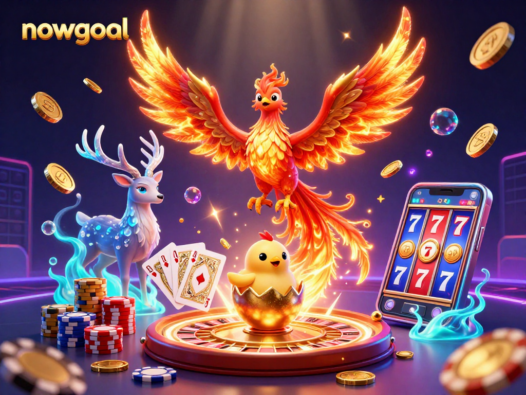 Engage with nowgoal's vibrant casino scene featuring a phoenix, golden coins, and dynamic gaming elements.