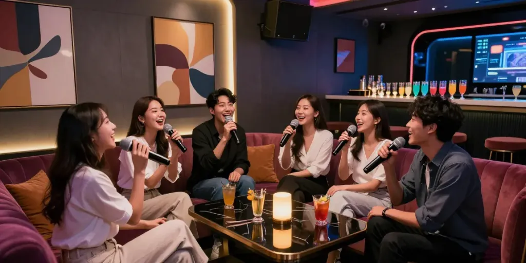 강남유앤미에서 친구들과 함께 노래를 부르며 즐거운 시간을 보내는 모습