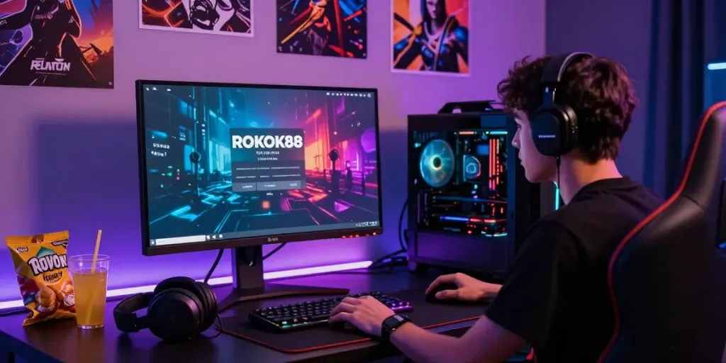 Player engaging with the ROKOK88 login interface in a vibrant gaming setup.