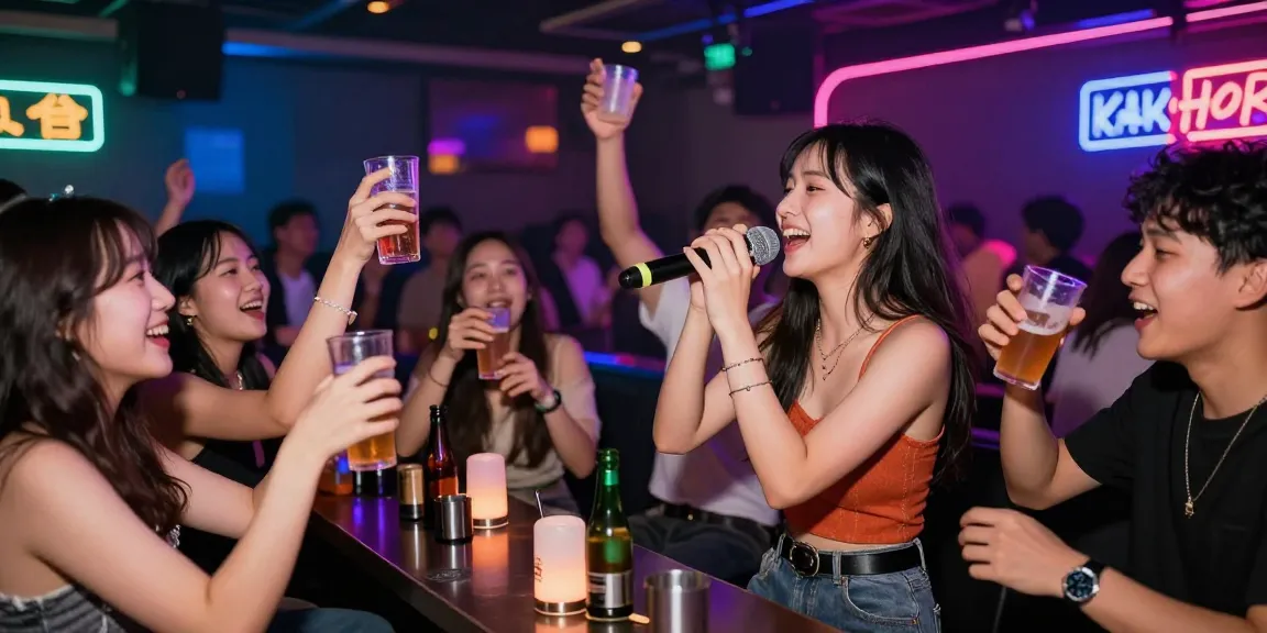 노래방밤알바에서 즐겁게 노래하는 여성, 밝은 조명과 네온 사인으로 화려한 분위기 연출