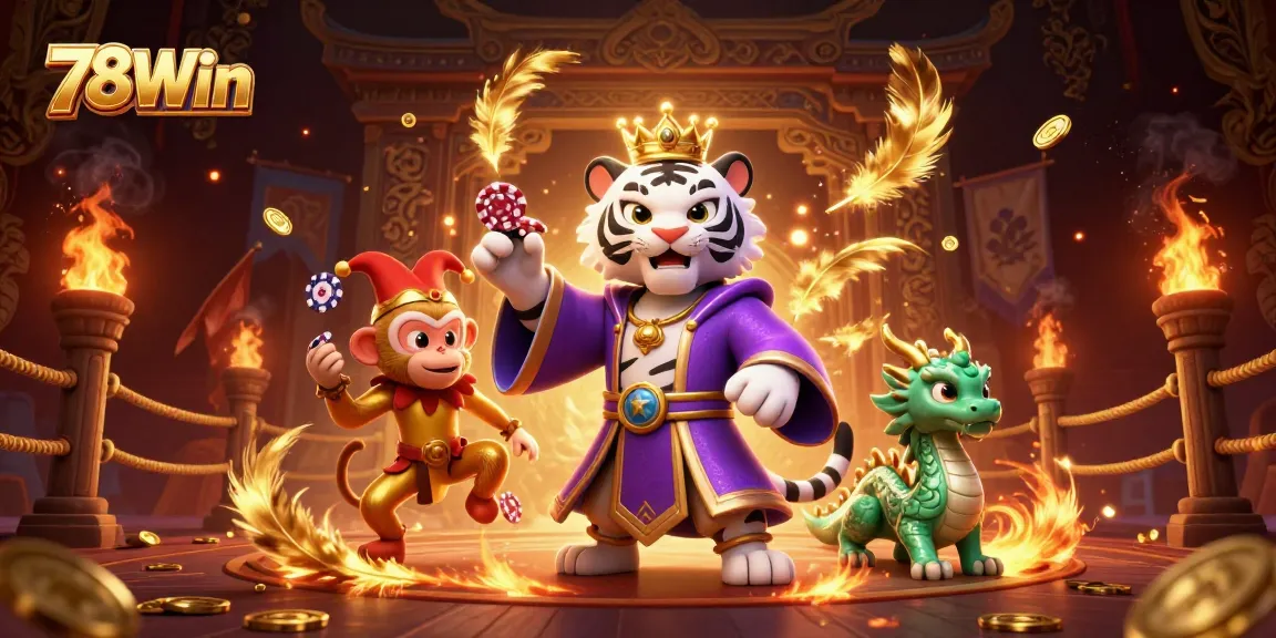 Experience 78Win's vibrant gaming universe with the royal tiger and monkey amidst golden elements.