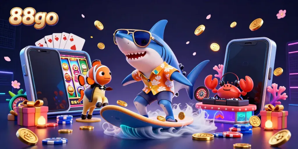 Engage with 88go as a shark rides golden coins and a tuxedo clownfish in a vibrant casino scene.