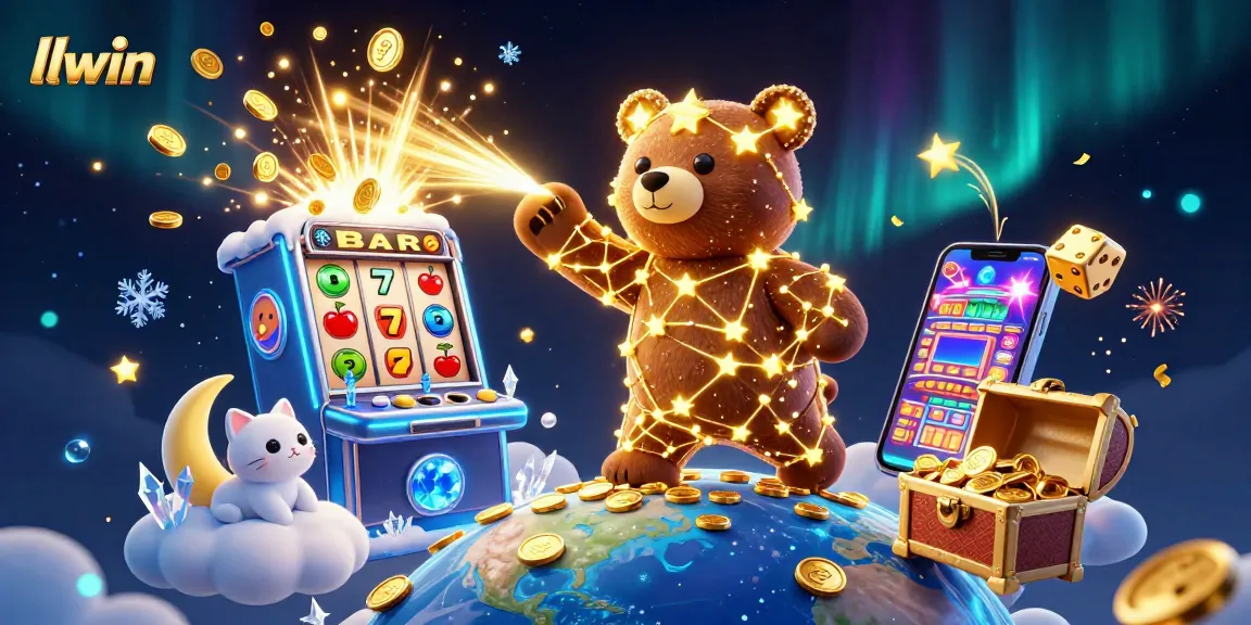 llwin features a sparkling 3D casino scene with constellation bear, slot machine, and dynamic game elements exploding with colors.