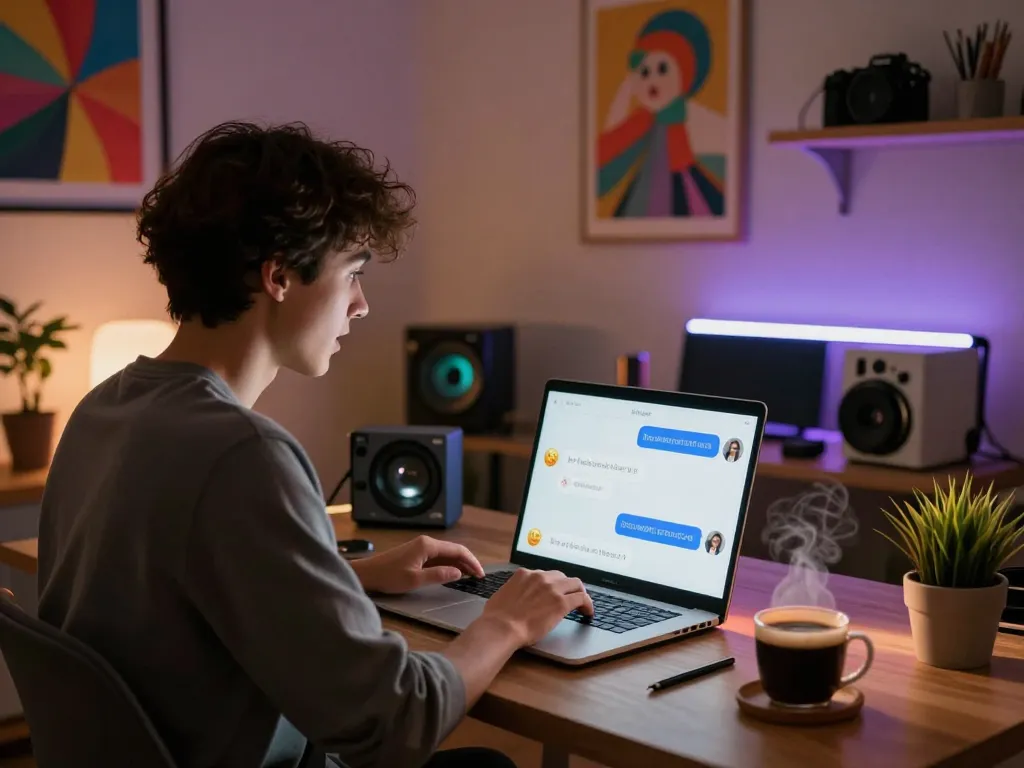 Engaging with a nsfw chat bot in a cozy home office with ambient lighting and tech elements.