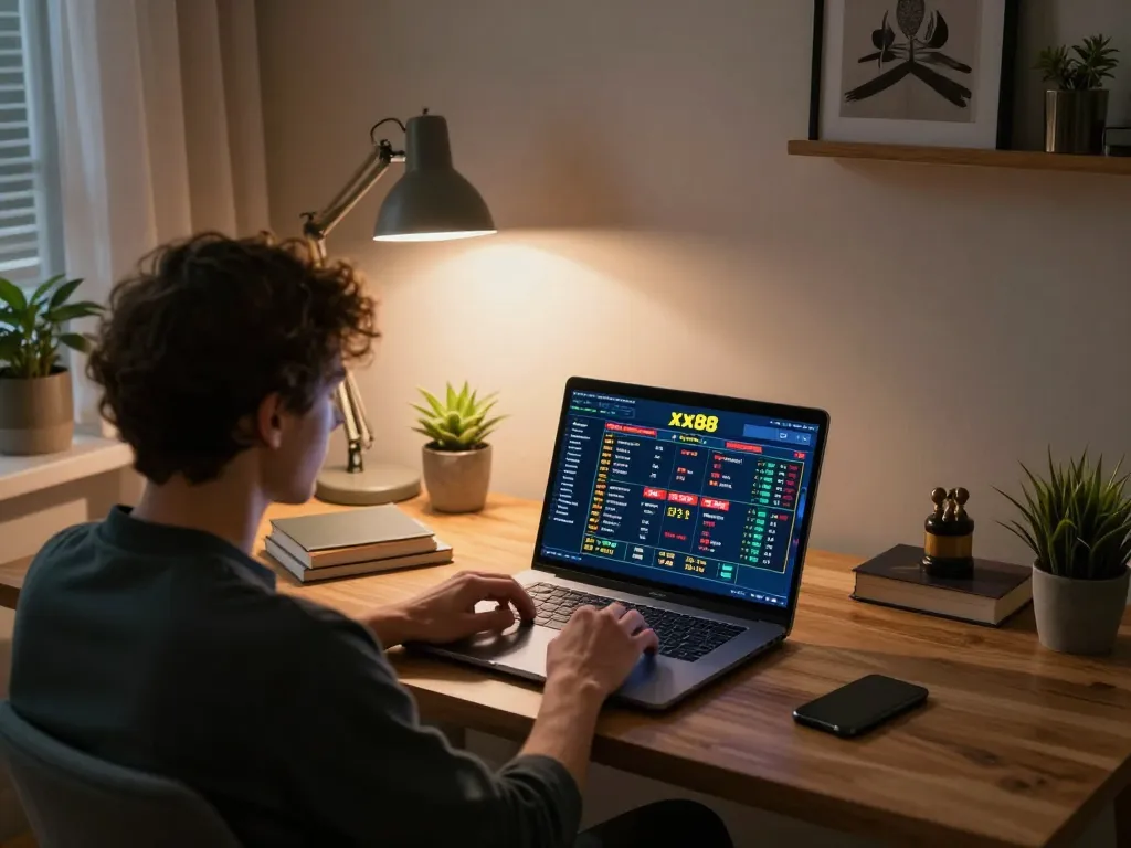 Engaged player exploring betting options on xx88 platform at home.