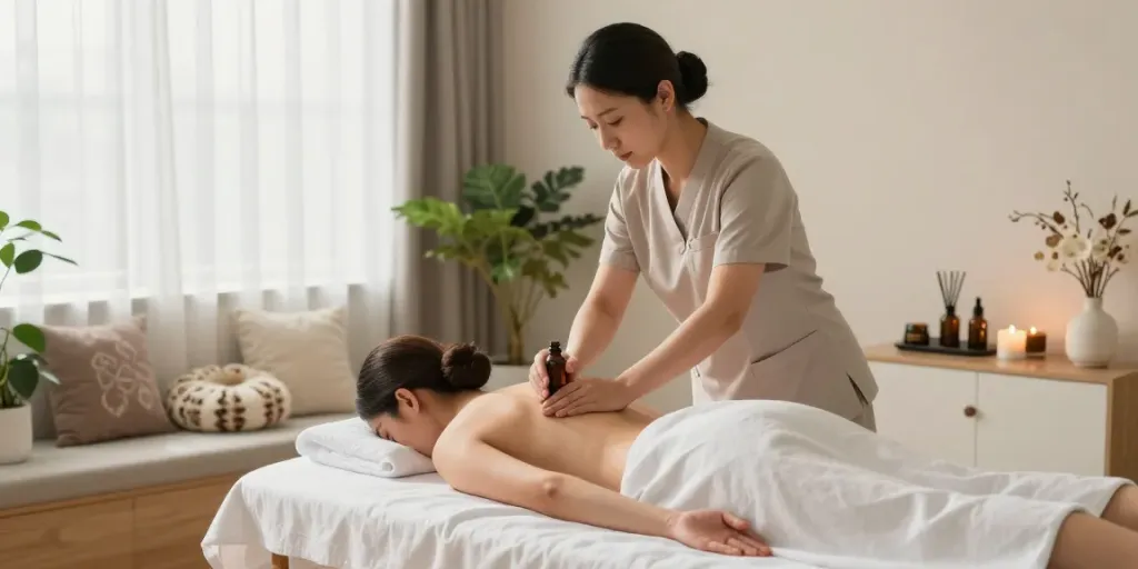 전문 마사지사가 광명출장안마 서비스를 제공하는 아늑한 실내 장면.
