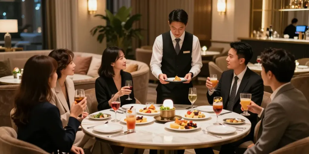 강남구구단에서 친구들과 즐거운 시간을 보내는 장면, 고급스러운 개인 룸의 아늑한 분위기