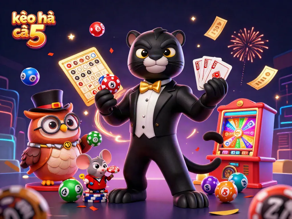 Join the excitement with kèo nhà cái 5 as a stylish panther deals cards in a vibrant casino setting.