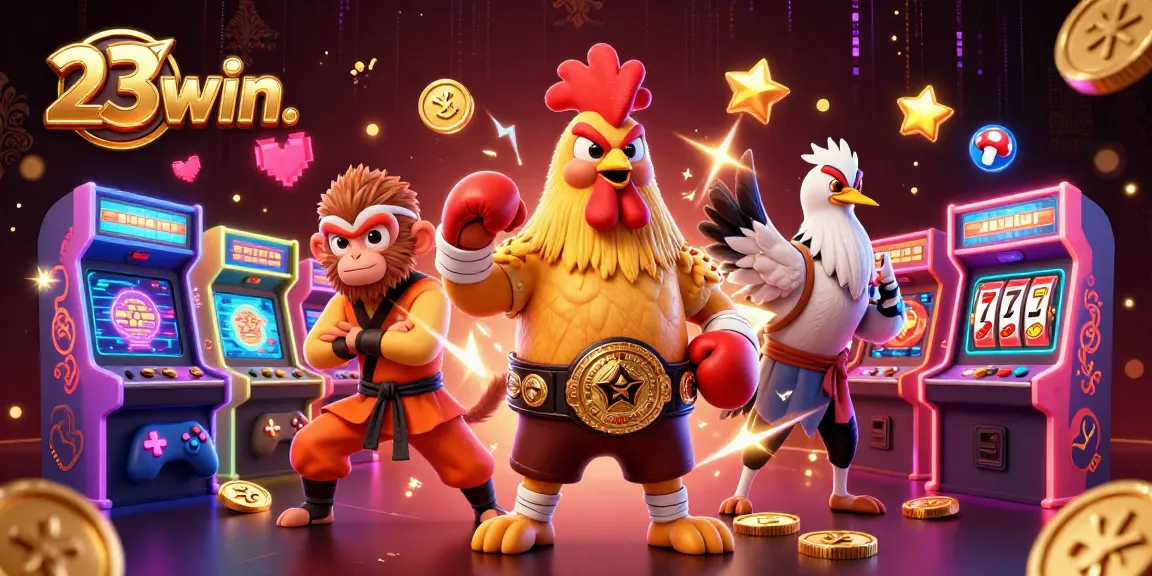Engage with the excitement of 23win. as the Muay Thai rooster battles alongside Shaolin monkey and wise crane in a vibrant casino scene.