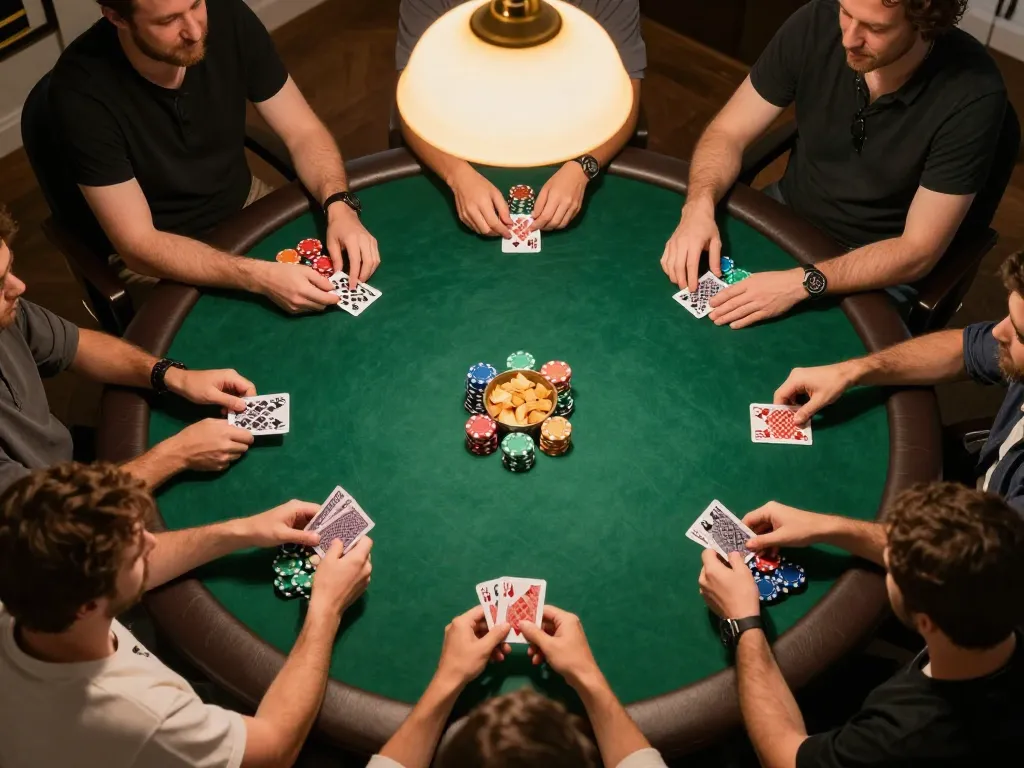 F168 players engaging in a lively home poker night, showcasing strategic gameplay and colorful chips.