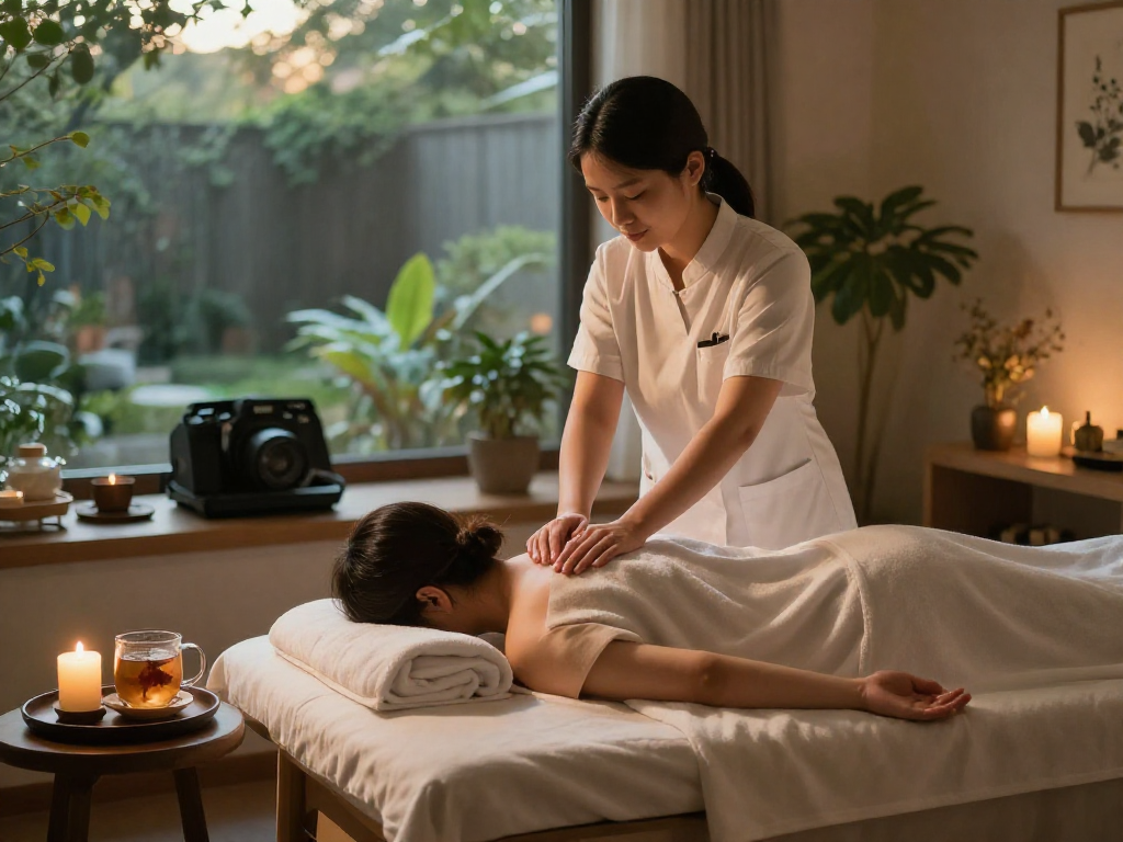 Relaxing 부천출장안마 massage in a serene spa setting with calming atmosphere and natural light.