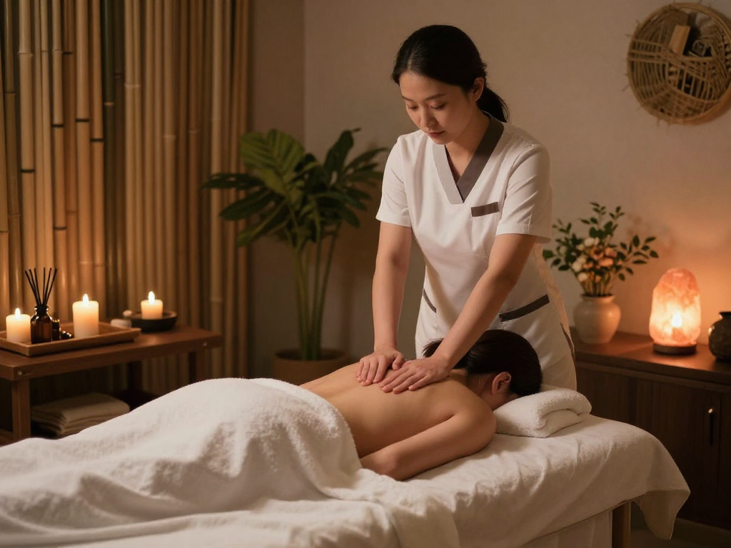 남양주출장마사지 therapist providing a tranquil massage with soothing ambiance and candles in a spa setting