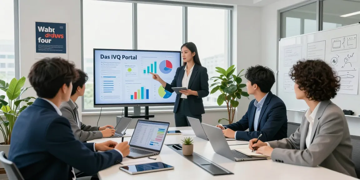 Team collaborating in a modern office discussing Das IVQ Portal analytics, with diverse team members engaged in strategy.