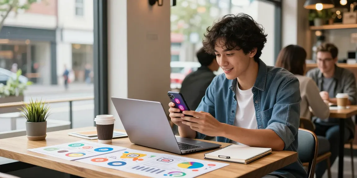 インスタグラムフォロワー購入に関する活気あるマーケティングシーン、カフェで若い起業家がラップトップで作業しながらスマホでSNSを操作