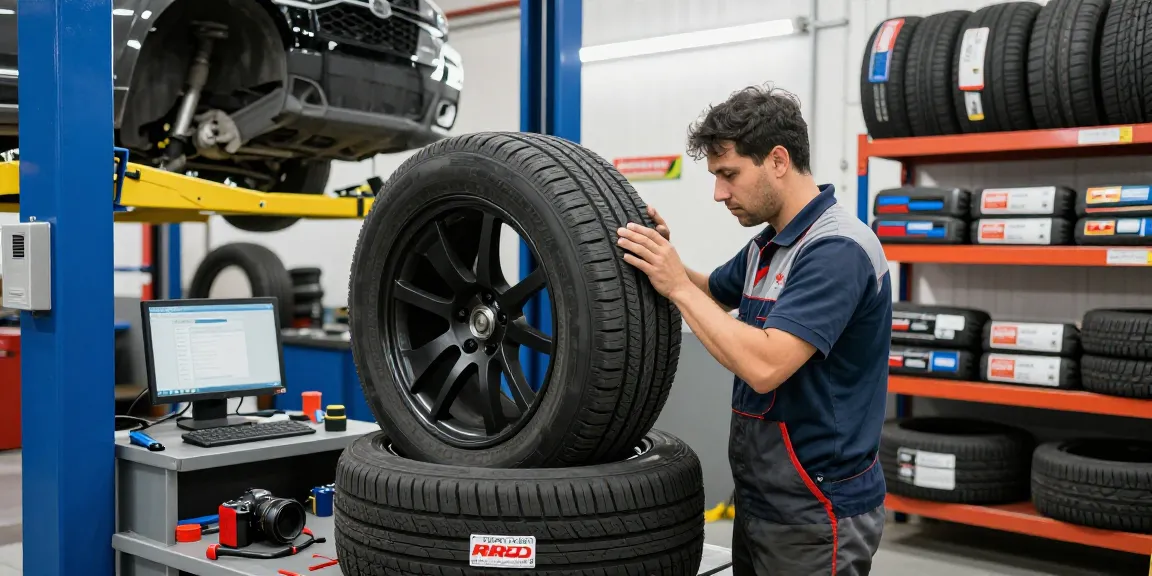 Expert mechanic inspecting a Double Coin RR99 tire in a busy automotive shop environment