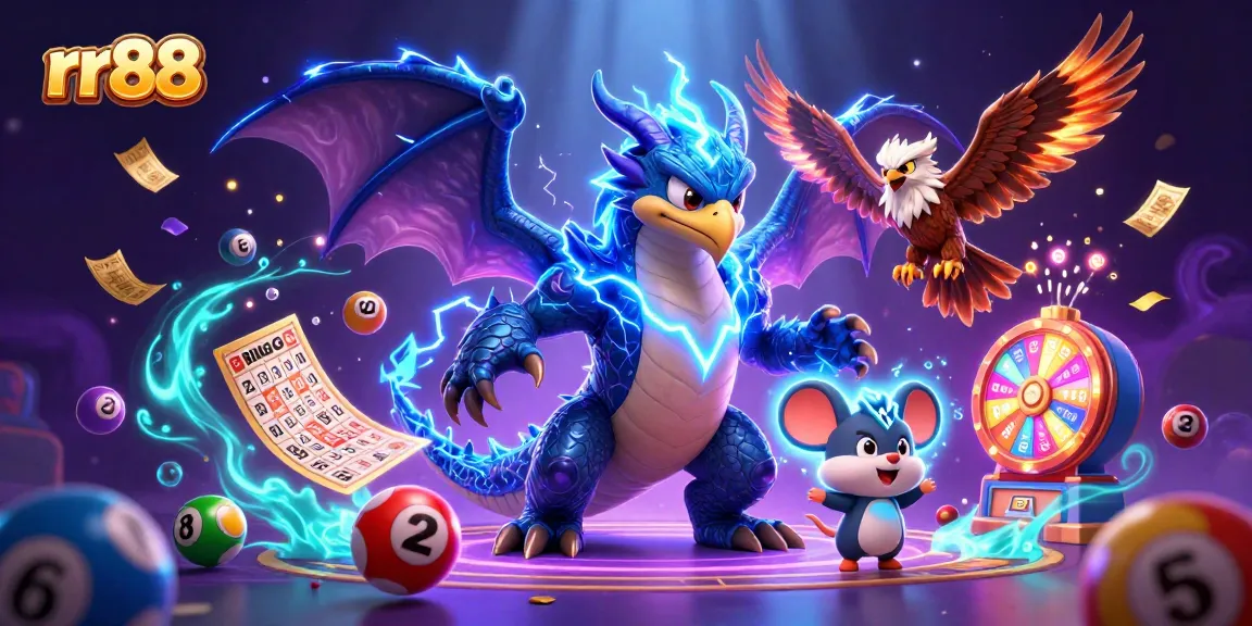 Experience thrilling gaming at rr88 - a vibrant 3D illustration of a thunder dragon and lottery elements.
