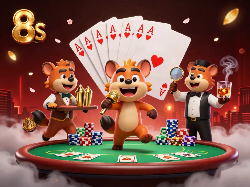 Celebrate gaming excitement at 8 S casino with hyenas serving drinks, comedy, and poker action.