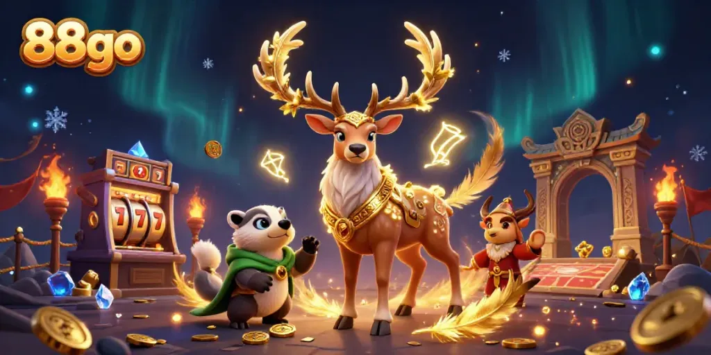 Engage with 88go's vibrant online gaming universe featuring a druid stag and mystical elements.