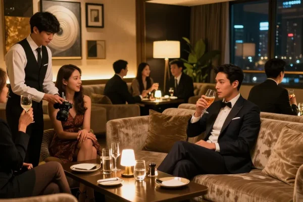 강남블랜딩에서 고급스러운 분위기 속 대화하는 모습을 담은 이미지