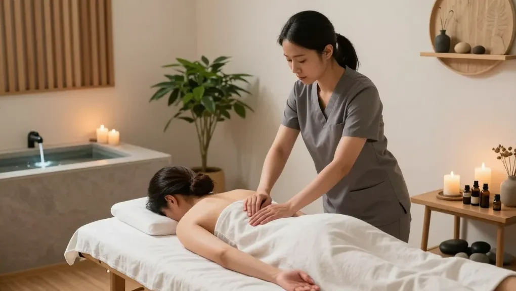 1인샵에서 편안한 환경에서 전문 치료사가 고객을 마사지하는 모습, 아늑하고 편안한 분위기의 스파 공간을 강조합니다.