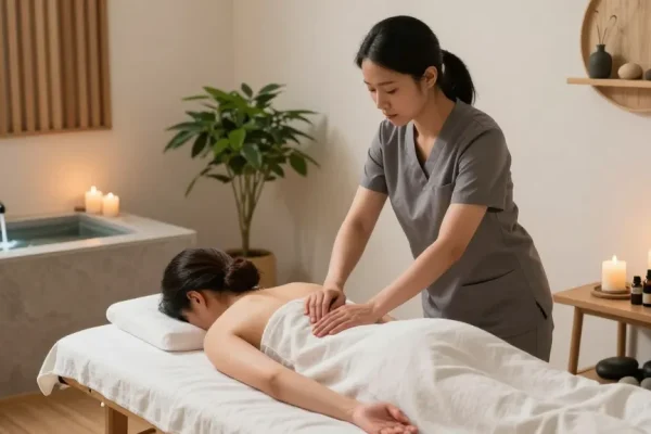 1인샵에서 편안한 환경에서 전문 치료사가 고객을 마사지하는 모습, 아늑하고 편안한 분위기의 스파 공간을 강조합니다.