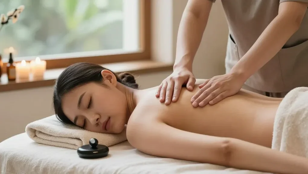 스웨디시 마사지 중인 편안한 여성 고객과 마사지 치료사 모습