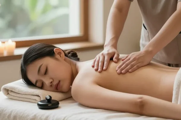 스웨디시 마사지 중인 편안한 여성 고객과 마사지 치료사 모습