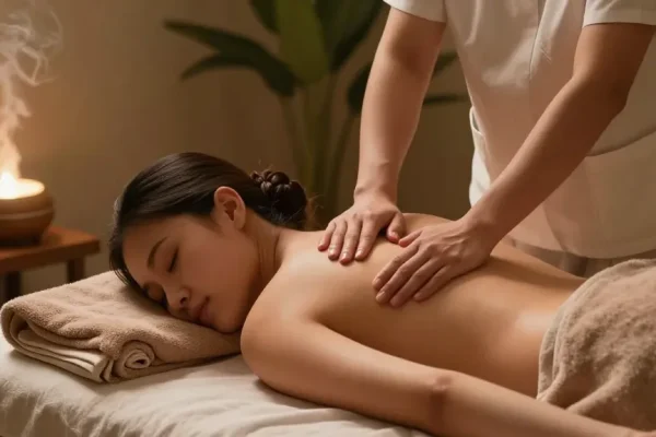 마사지 치료를 받으며 편안한 환경에서 휴식을 취하는 모습