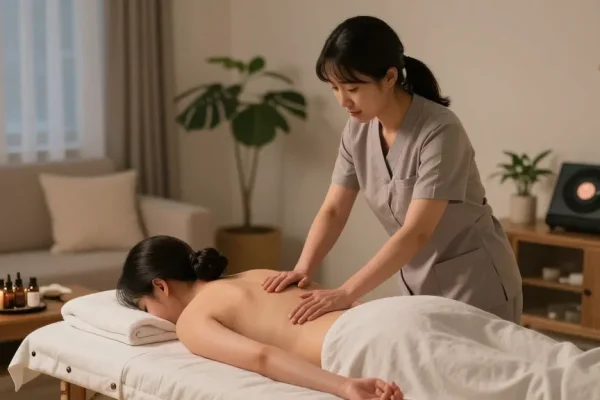 의정부출장안마 delivering calming home massage in a cozy living room.