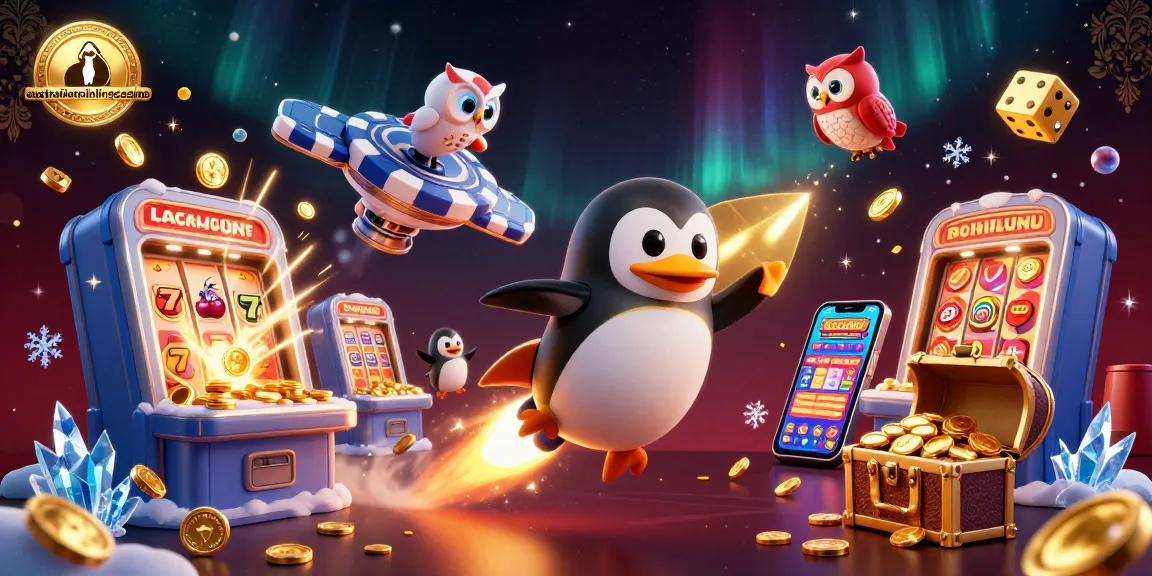 A thrilling scene showcasing the golden penguin of australianonlinecasino soaring towards a giant poker chip casino station.