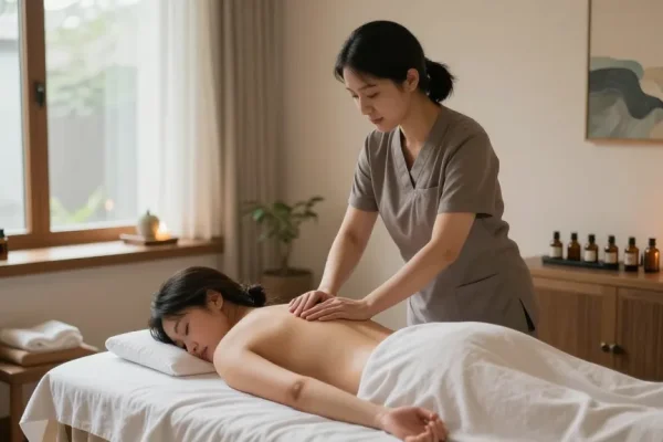강남마사지 시술 중인 전문 테라피스트의 편안한 마사지룸 모습
