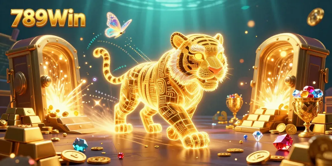 Immerse in the excitement of 789Win with dynamic digital casino visuals showcasing golden treasures and games.