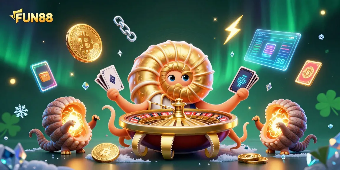 Engage with FUN88 through an exciting casino adventure showcasing a giant nautilus and crypto elements.